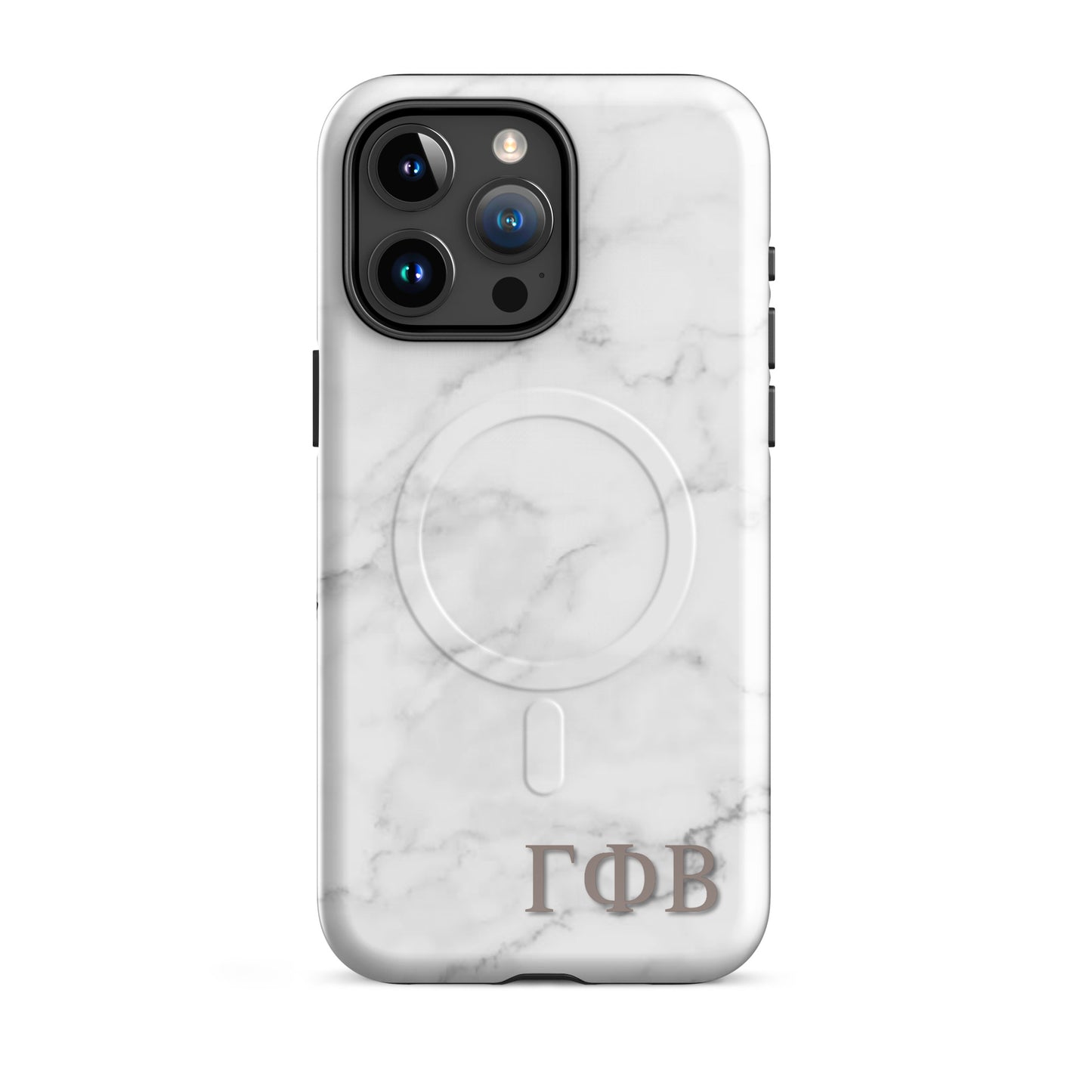 Gamma Phi Beta white marble iPhone  15 Pro Max case – minimalist stone design with Greek letters, durable slim protective phone case