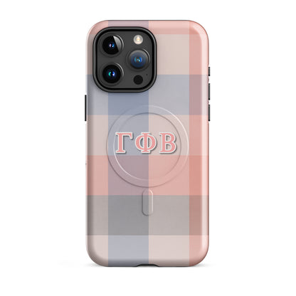 Gamma Phi Beta plaid iPhone 15 Pro Max case – soft pink and blue check pattern with Greek letters, durable slim protective phone case