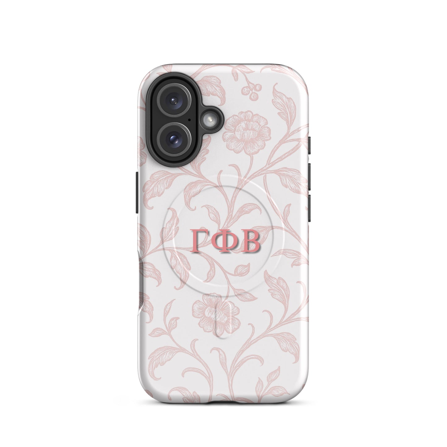 Gamma Phi Beta pink floral iPhone 16 case – elegant toile pattern with Greek letters, durable slim protective sorority phone case