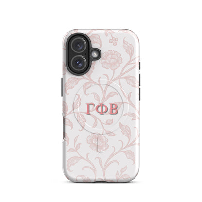 Gamma Phi Beta pink floral iPhone 16 case – elegant toile pattern with Greek letters, durable slim protective sorority phone case