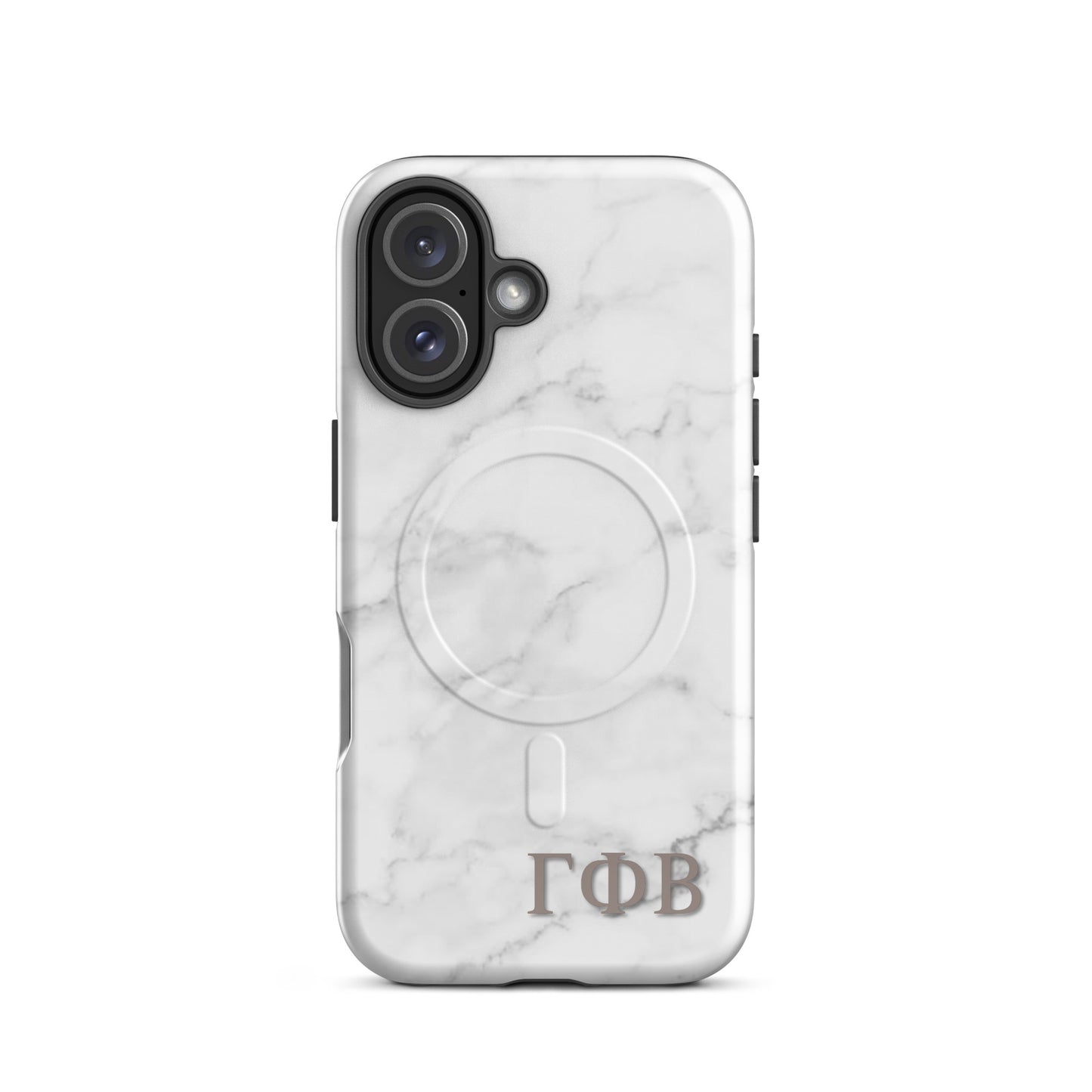 Gamma Phi Beta white marble iPhone  16 case – minimalist stone design with Greek letters, durable slim protective phone case
