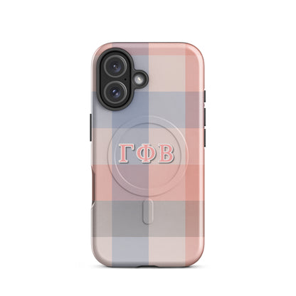 Gamma Phi Beta plaid iPhone 16 case – soft pink and blue check pattern with Greek letters, durable slim protective phone case