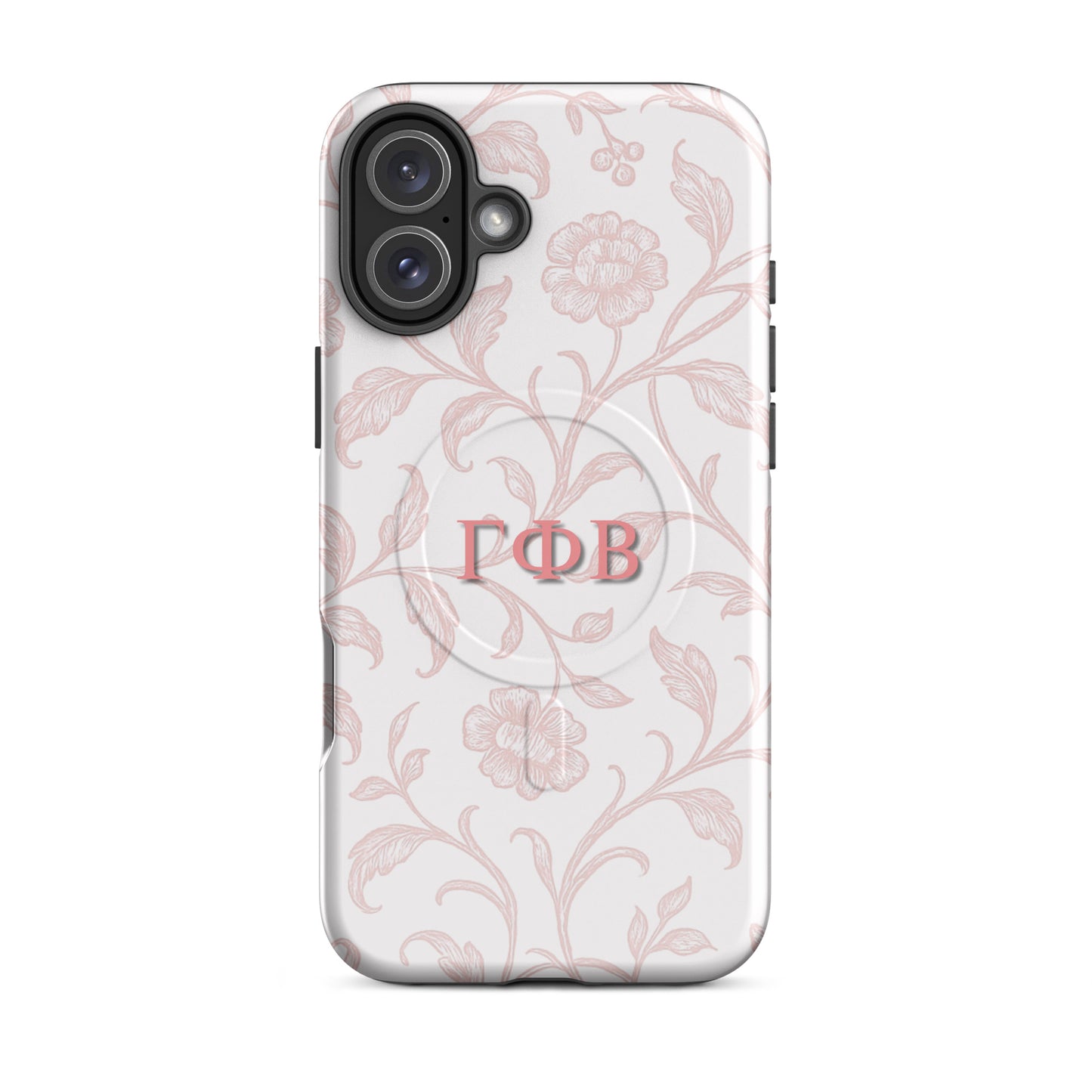 Gamma Phi Beta pink floral iPhone 16 Plus case – elegant toile pattern with Greek letters, durable slim protective sorority phone case