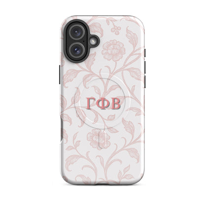 Gamma Phi Beta pink floral iPhone 16 Plus case – elegant toile pattern with Greek letters, durable slim protective sorority phone case