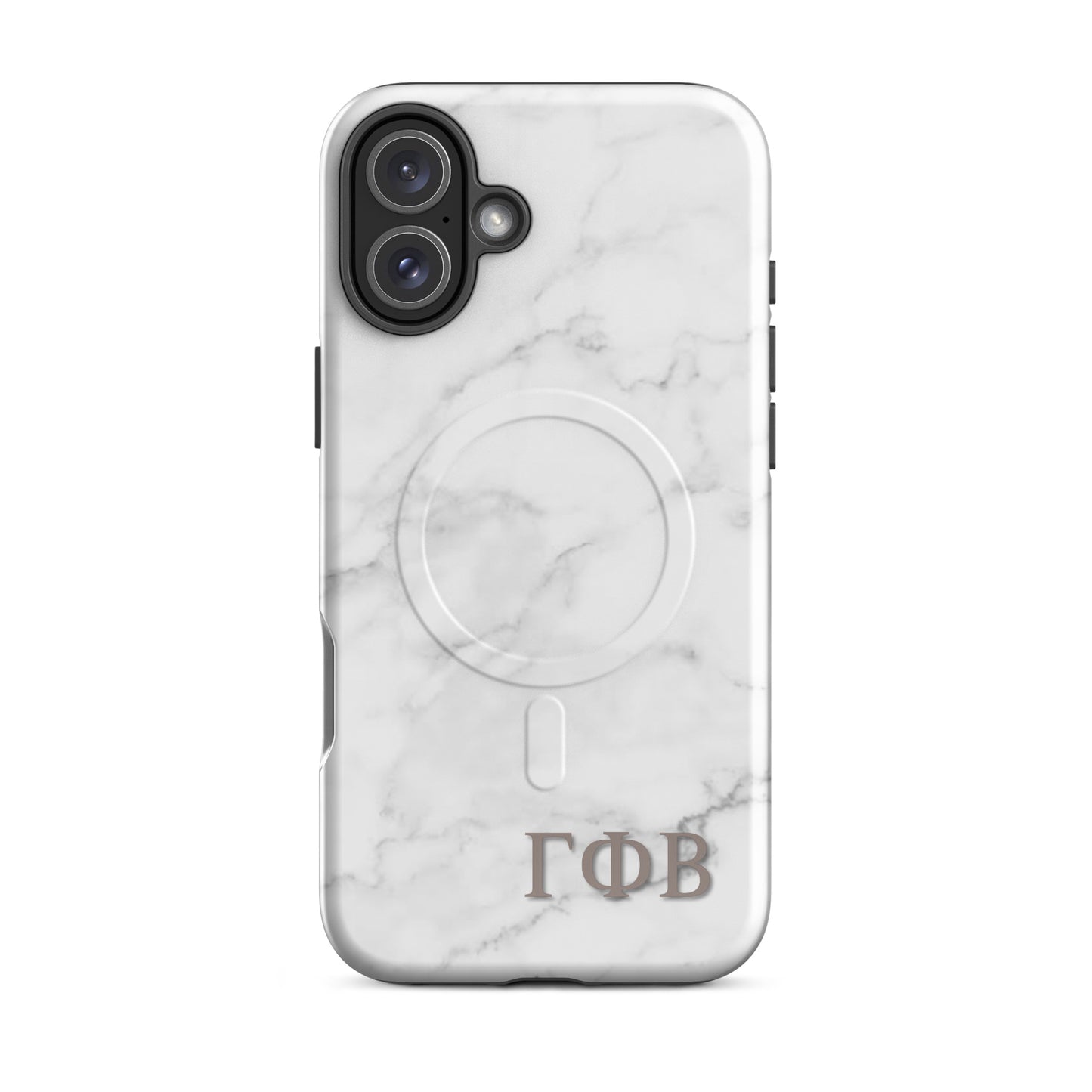 Gamma Phi Beta white marble iPhone  16 case – minimalist stone design with Greek letters, durable slim protective phone case