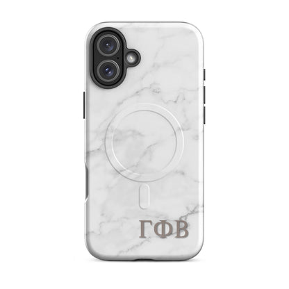 Gamma Phi Beta white marble iPhone  16 case – minimalist stone design with Greek letters, durable slim protective phone case