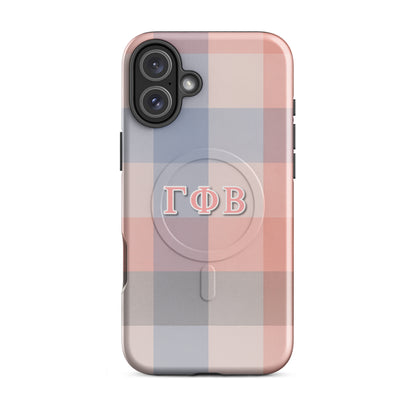 Gamma Phi Beta iPhone 16 Plus case with pink and blue plaid design and ΓΦΒ Greek letters, slim protective aesthetic phone cover