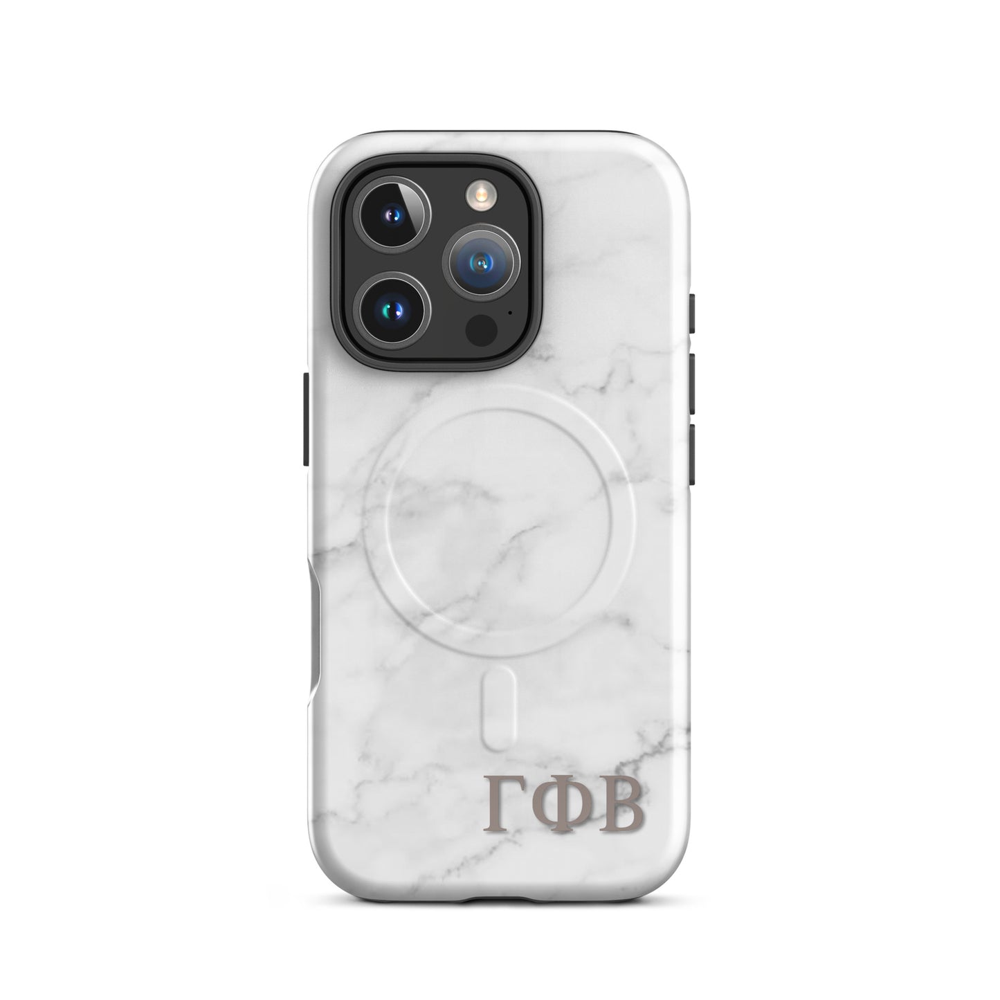 Gamma Phi Beta ΓΦΒ iPhone 16 Pro case with white marble texture, lightweight dual-layer protection, modern minimalist sorority phone cover