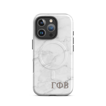 Gamma Phi Beta ΓΦΒ iPhone 16 Pro case with white marble texture, lightweight dual-layer protection, modern minimalist sorority phone cover