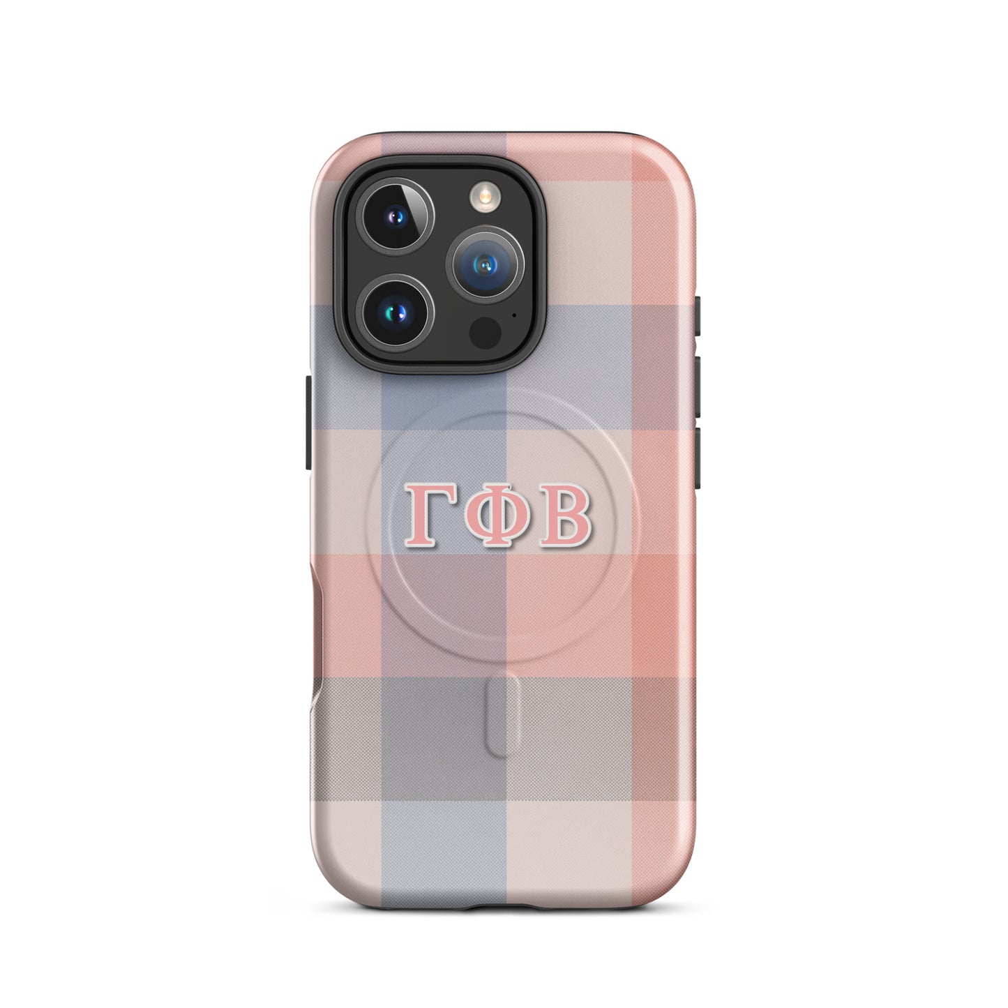 Gamma Phi Beta iPhone 16 Pro case with pink and blue plaid design and ΓΦΒ Greek letters, slim protective aesthetic phone cover