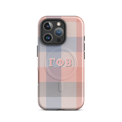 Gamma Phi Beta iPhone 16 Pro case with pink and blue plaid design and ΓΦΒ Greek letters, slim protective aesthetic phone cover