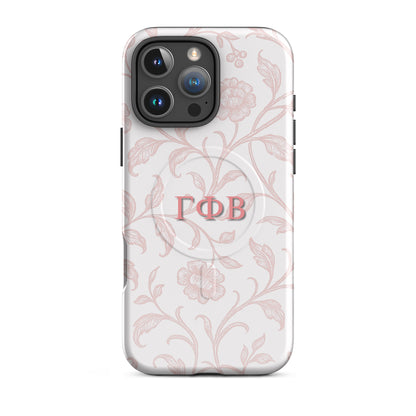 Gamma Phi Beta floral toile iPhone 16 Pro Max case with pink botanical pattern and ΓΦΒ Greek letters, slim protective aesthetic phone cover
