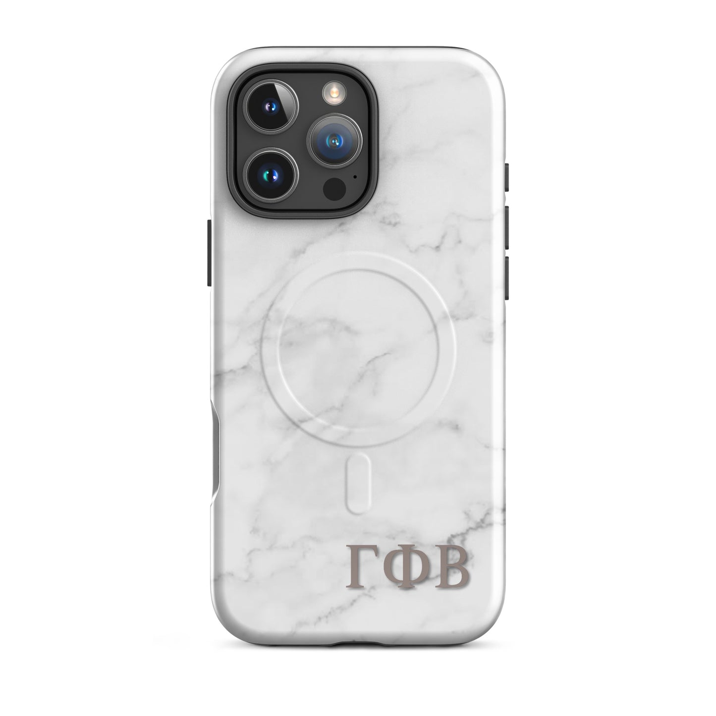 Gamma Phi Beta marble iPhone 16 Pro Max case with white stone pattern and ΓΦΒ Greek letters, slim protective aesthetic phone cover