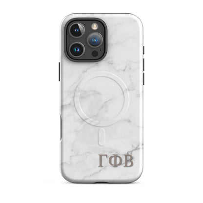 Gamma Phi Beta marble iPhone 16 Pro Max case with white stone pattern and ΓΦΒ Greek letters, slim protective aesthetic phone cover