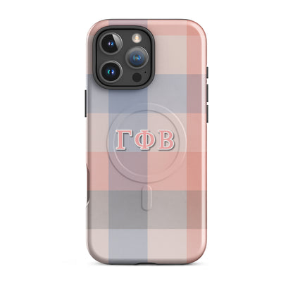 Gamma Phi Beta plaid iPhone 16 Pro Max case – soft pink and blue check pattern with Greek letters, durable slim protective phone case