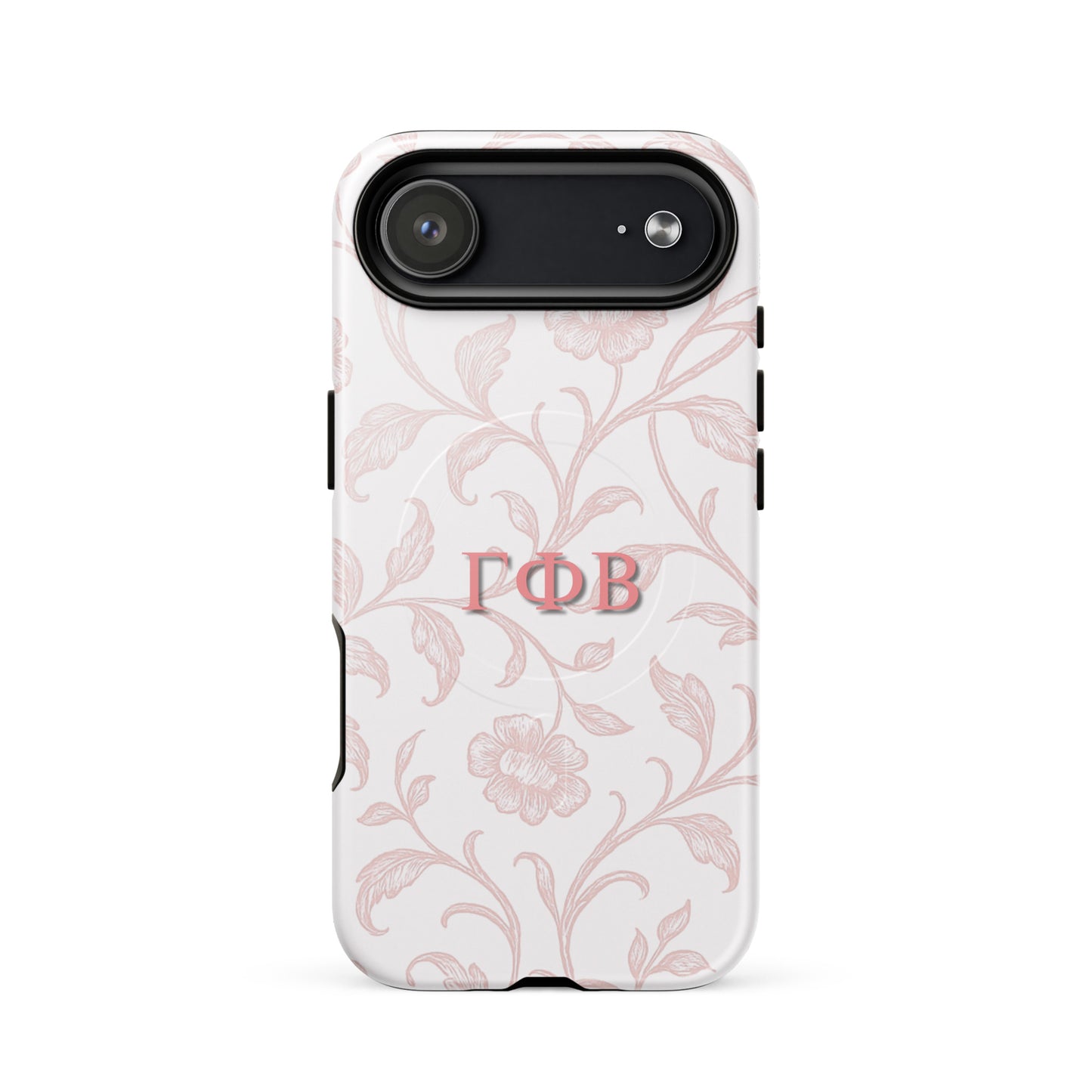 Gamma Phi Beta floral toile iPhone 17 Air case with pink botanical pattern and ΓΦΒ Greek letters, slim protective aesthetic phone cover