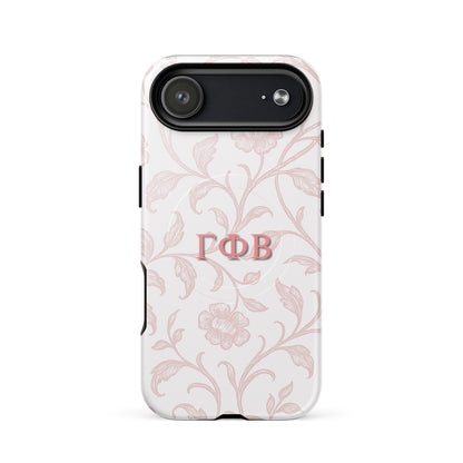 Gamma Phi Beta floral toile iPhone 17 Air case with pink botanical pattern and ΓΦΒ Greek letters, slim protective aesthetic phone cover