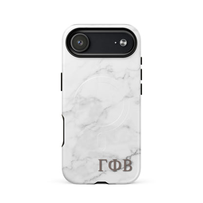 Gamma Phi Beta white marble iPhone 17 case – minimalist stone design with Greek letters, durable slim protective phone case