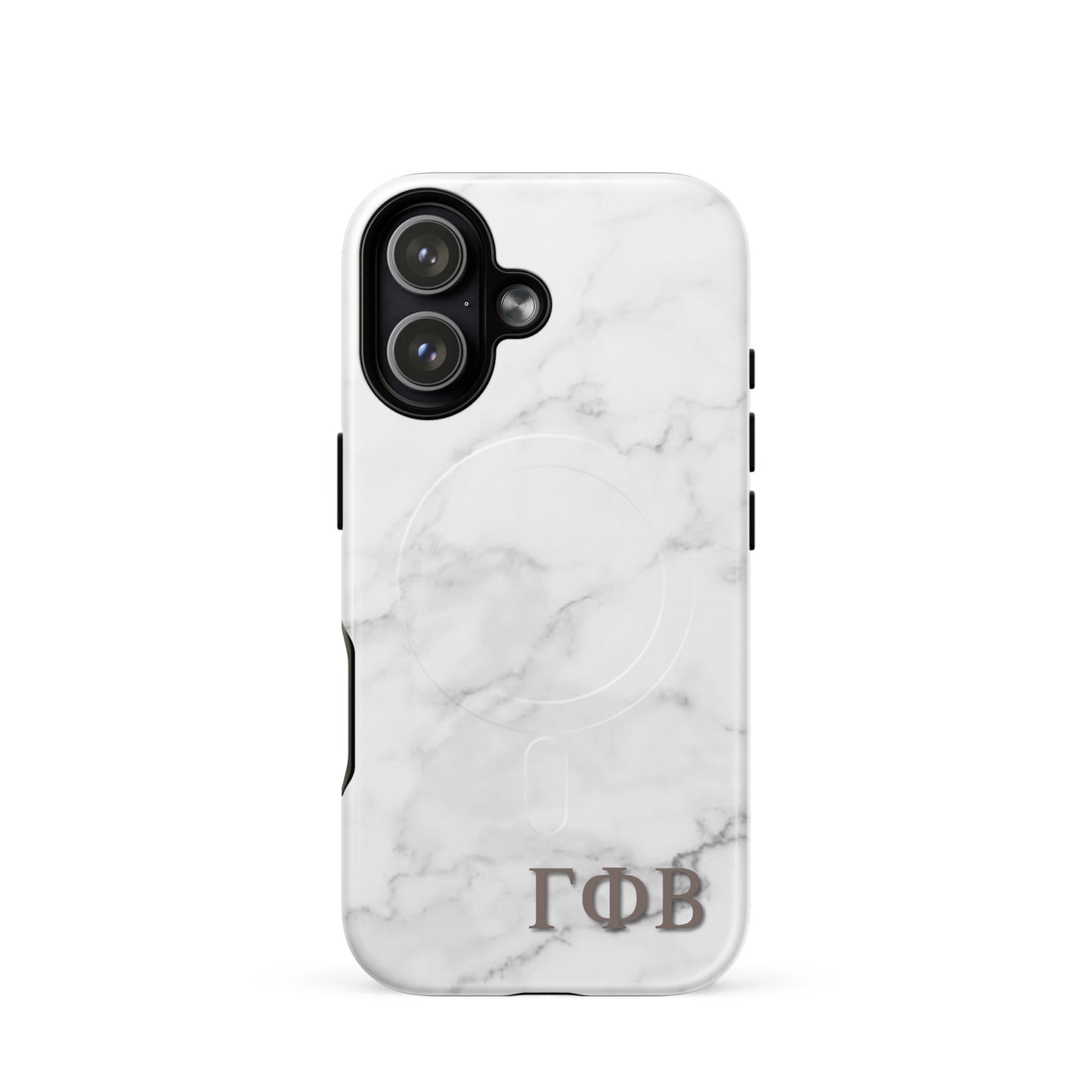 Gamma Phi Beta marble iPhone 17 case with white stone pattern and ΓΦΒ Greek letters, slim protective aesthetic phone cover