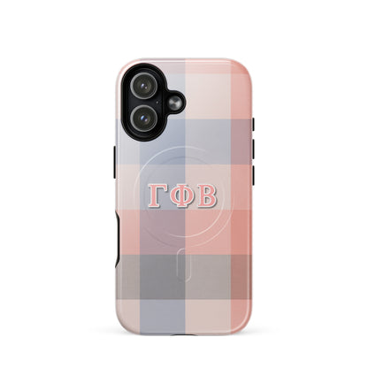 Gamma Phi Beta plaid iPhone 17 case – soft pink and blue check pattern with Greek letters, durable slim protective phone case