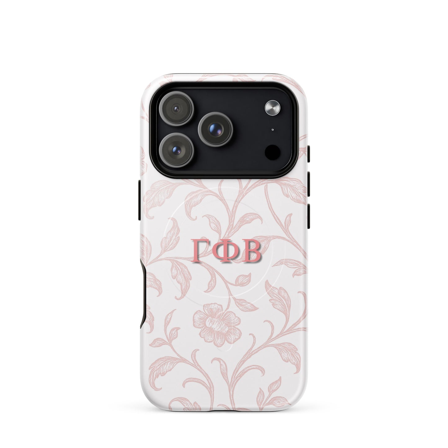 Gamma Phi Beta pink floral iPhone 17 Pro case – elegant toile pattern with Greek letters, durable slim protective sorority phone case