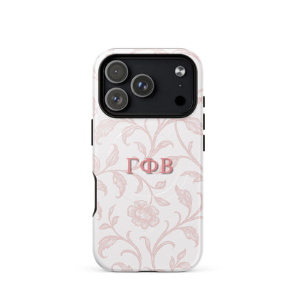 Gamma Phi Beta pink floral iPhone 17 Pro case – elegant toile pattern with Greek letters, durable slim protective sorority phone case