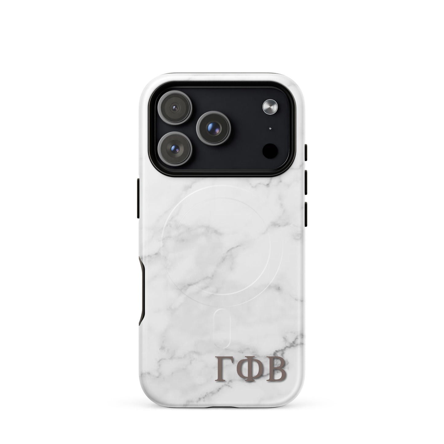 Gamma Phi Beta white marble iPhone 17 Pro case – minimalist stone design with Greek letters, durable slim protective phone case