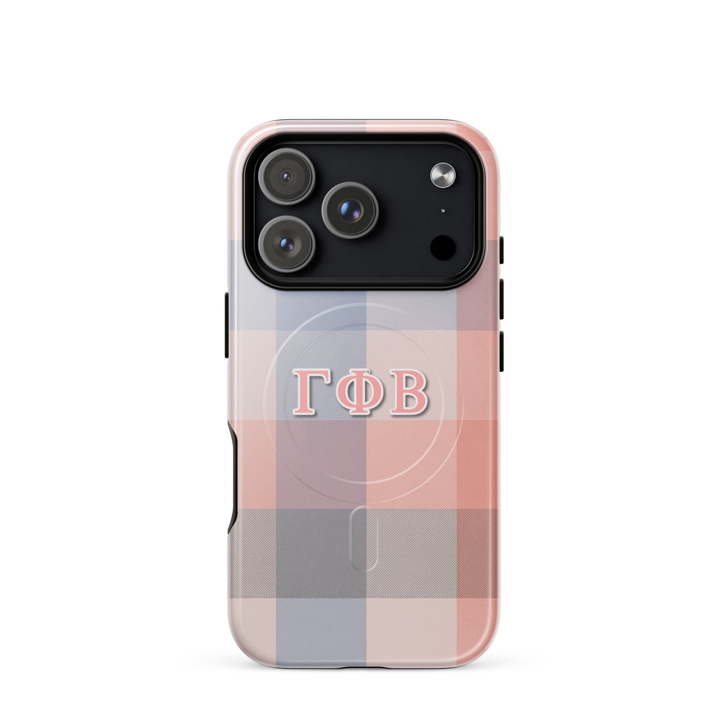 Gamma Phi Beta plaid iPhone 17 Pro case – soft pink and blue check pattern with Greek letters, durable slim protective phone case