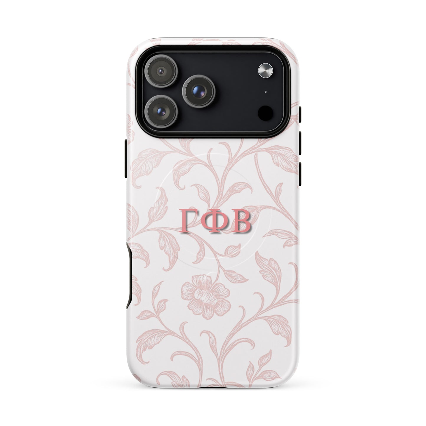Gamma Phi Beta ΓΦΒ iPhone 17 Pro Max case with soft pink floral line art design, lightweight dual-layer protection, feminine aesthetic cover