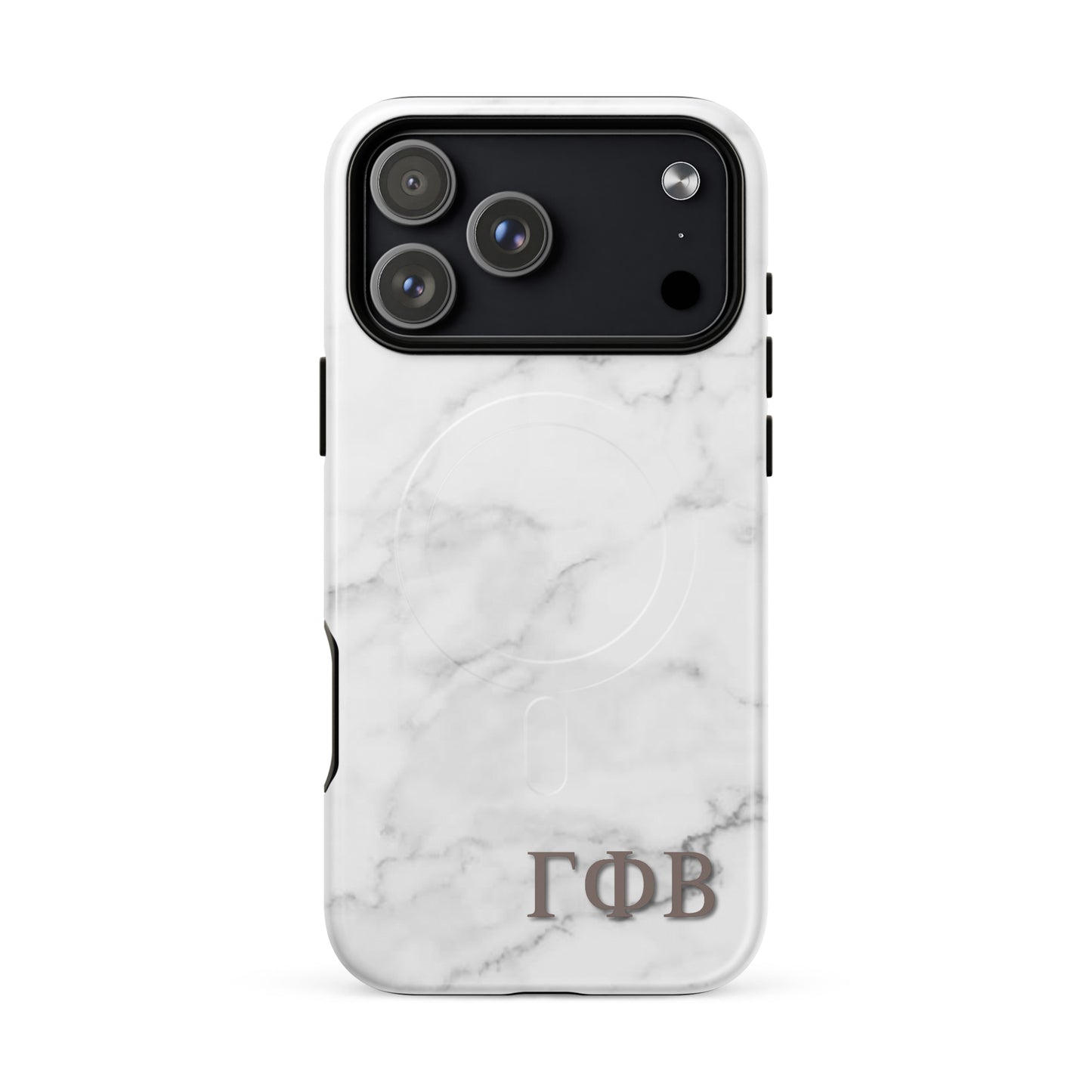 Gamma Phi Beta ΓΦΒ iPhone 17 Pro Max case with white marble texture, lightweight dual-layer protection, modern minimalist sorority phone cover