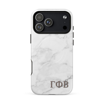 Gamma Phi Beta ΓΦΒ iPhone 17 Pro Max case with white marble texture, lightweight dual-layer protection, modern minimalist sorority phone cover