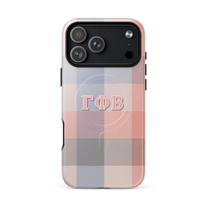 Gamma Phi Beta iPhone 17 Pro Max case with pink and blue plaid design and ΓΦΒ Greek letters, slim protective aesthetic phone cover
