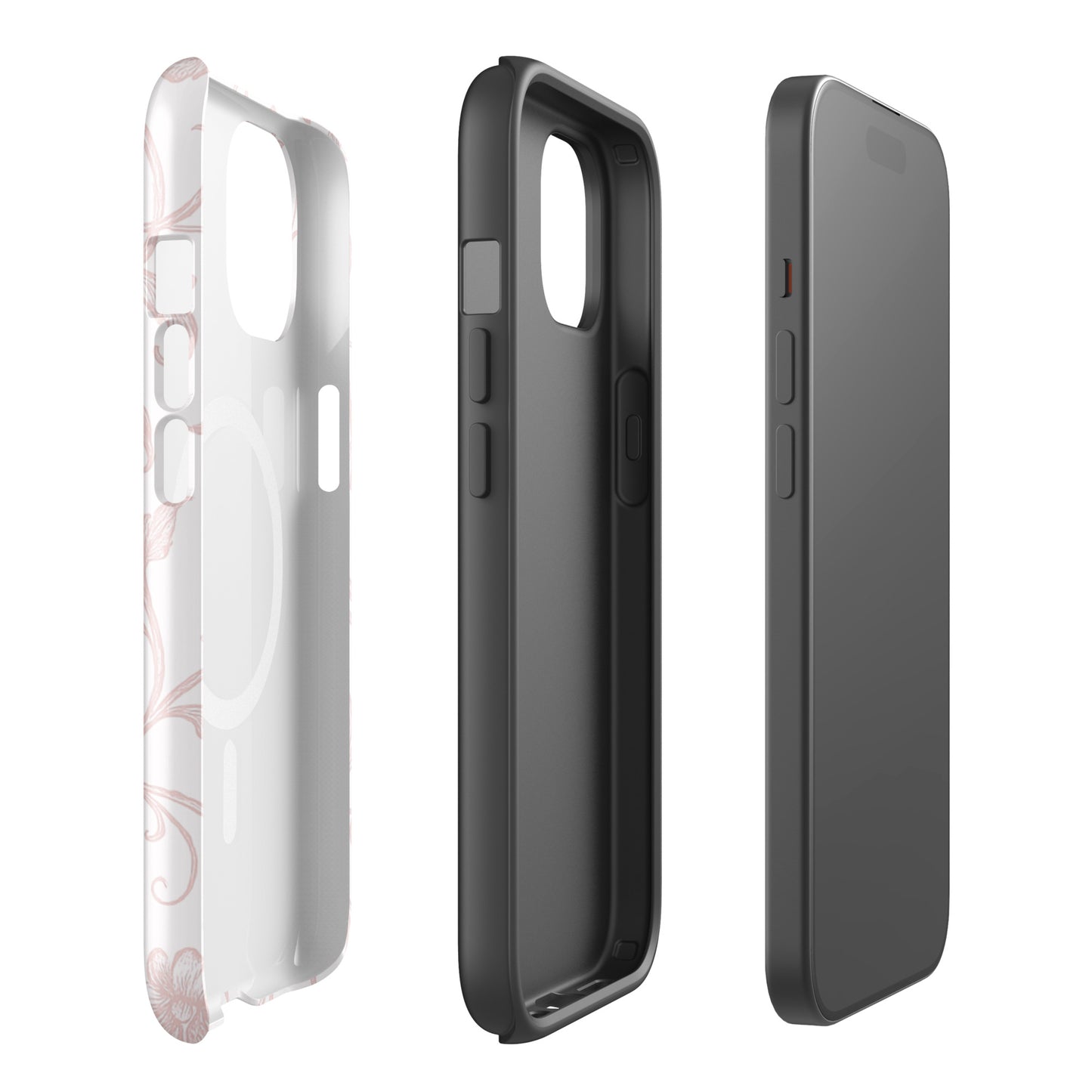 Gamma Phi Beta floral toile iPhone case with pink botanical pattern and ΓΦΒ Greek letters, slim protective aesthetic phone cover protective layers