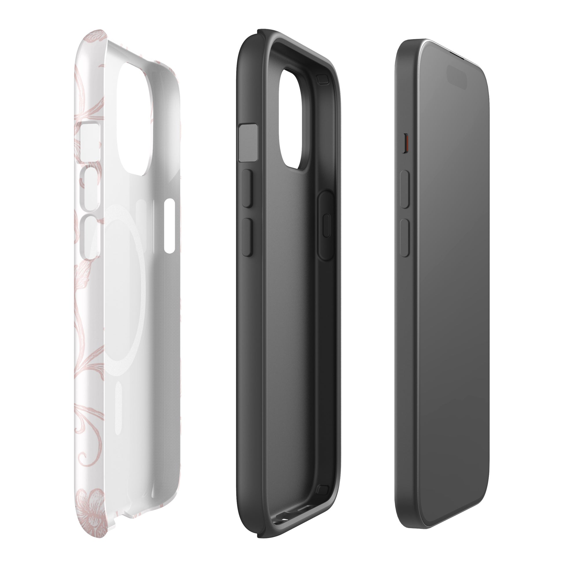 Gamma Phi Beta floral toile iPhone case with pink botanical pattern and ΓΦΒ Greek letters, slim protective aesthetic phone cover protective layers