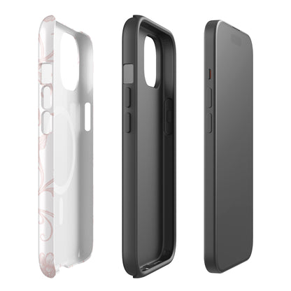 Gamma Phi Beta floral toile iPhone case with pink botanical pattern and ΓΦΒ Greek letters, slim protective aesthetic phone cover protective layers