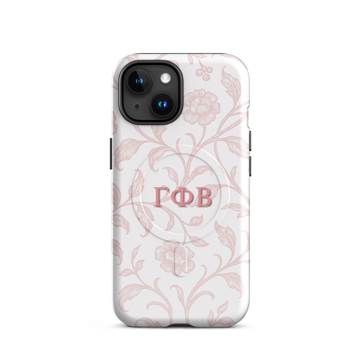 Gamma Phi Beta floral toile iPhone case with pink botanical pattern and ΓΦΒ Greek letters, slim protective aesthetic phone cover