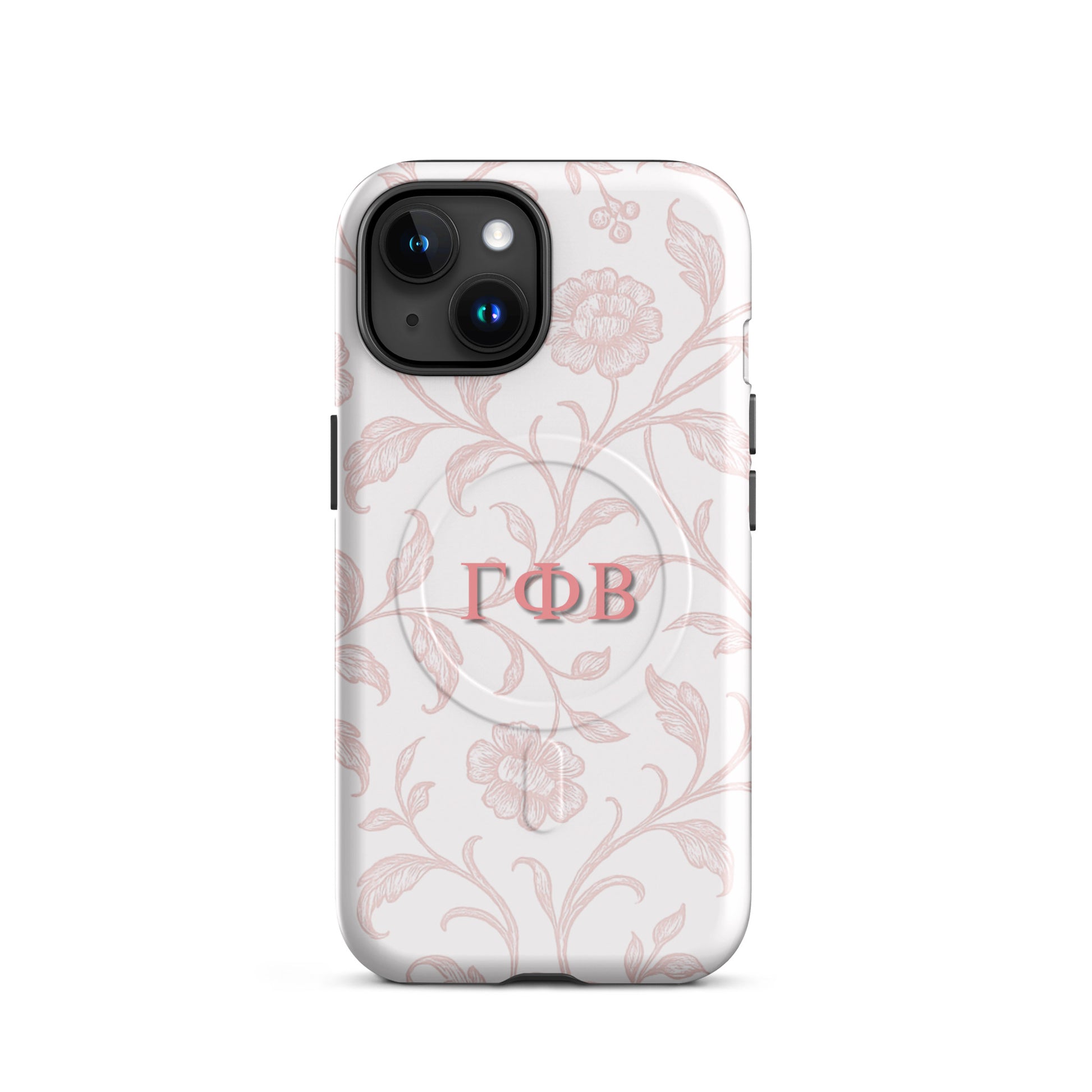 Gamma Phi Beta floral toile iPhone case with pink botanical pattern and ΓΦΒ Greek letters, slim protective aesthetic phone cover