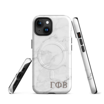 Gamma Phi Beta marble iPhone case with white stone pattern and ΓΦΒ Greek letters, slim protective aesthetic phone cover front and side views
