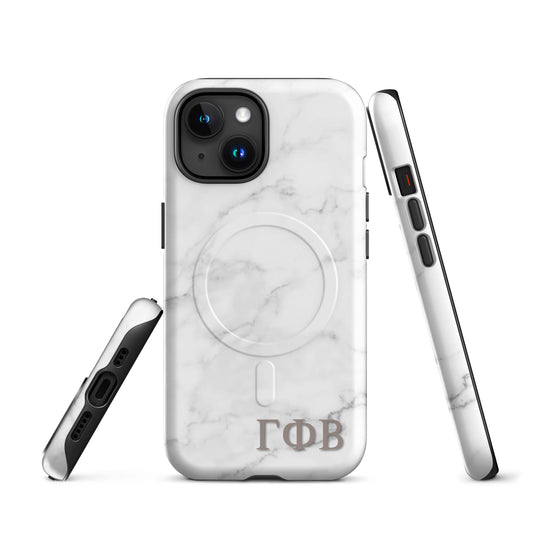 Gamma Phi Beta marble iPhone case with white stone pattern and ΓΦΒ Greek letters, slim protective aesthetic phone cover front and side views
