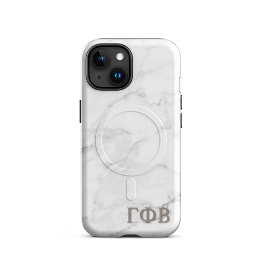 Gamma Phi Beta marble iPhone case with white stone pattern and ΓΦΒ Greek letters, slim protective aesthetic phone cover