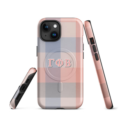 Gamma Phi Beta iPhone case with pink and blue plaid design and ΓΦΒ Greek letters, slim protective aesthetic phone cover front and side views