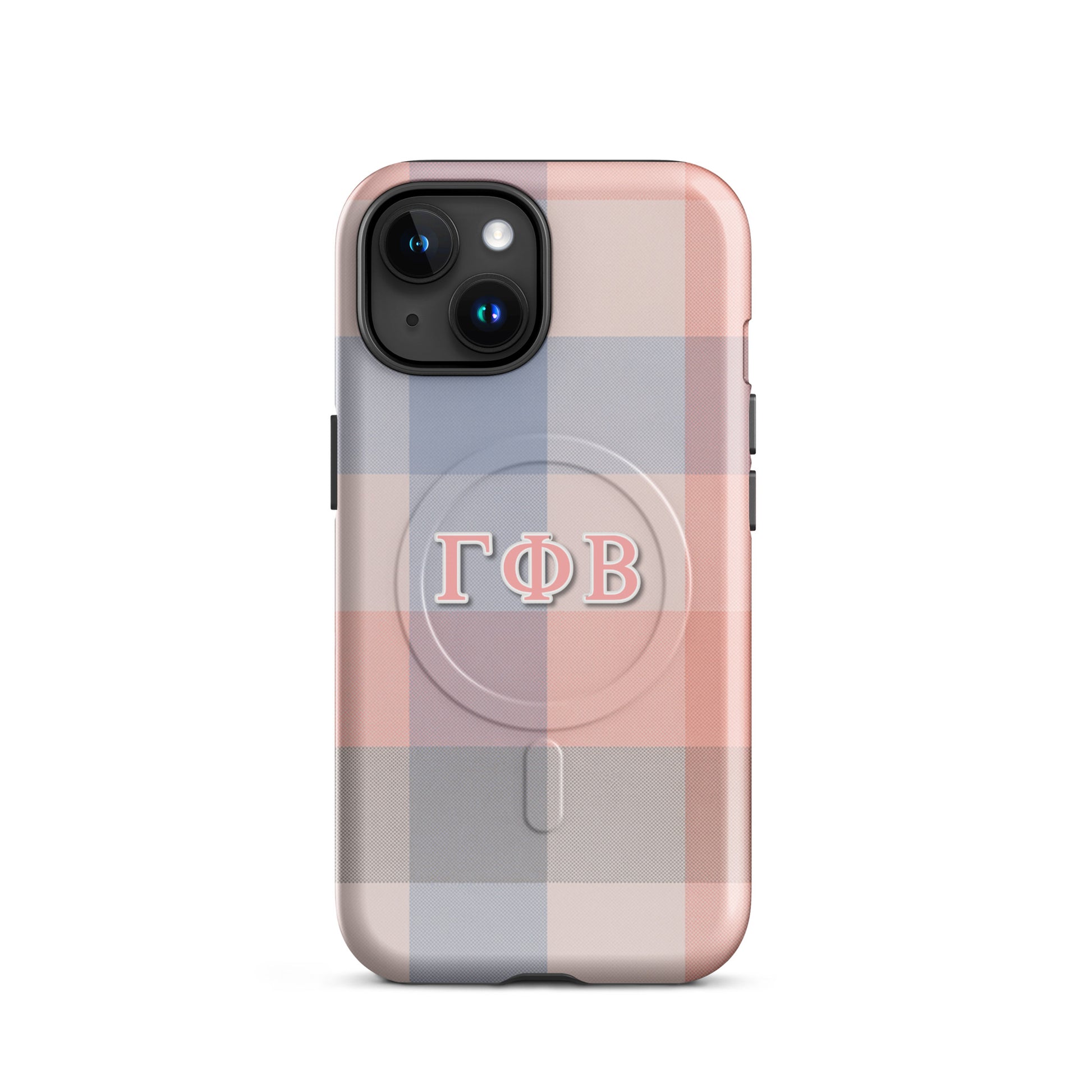 Gamma Phi Beta iPhone case with pink and blue plaid design and ΓΦΒ Greek letters, slim protective aesthetic phone cover
