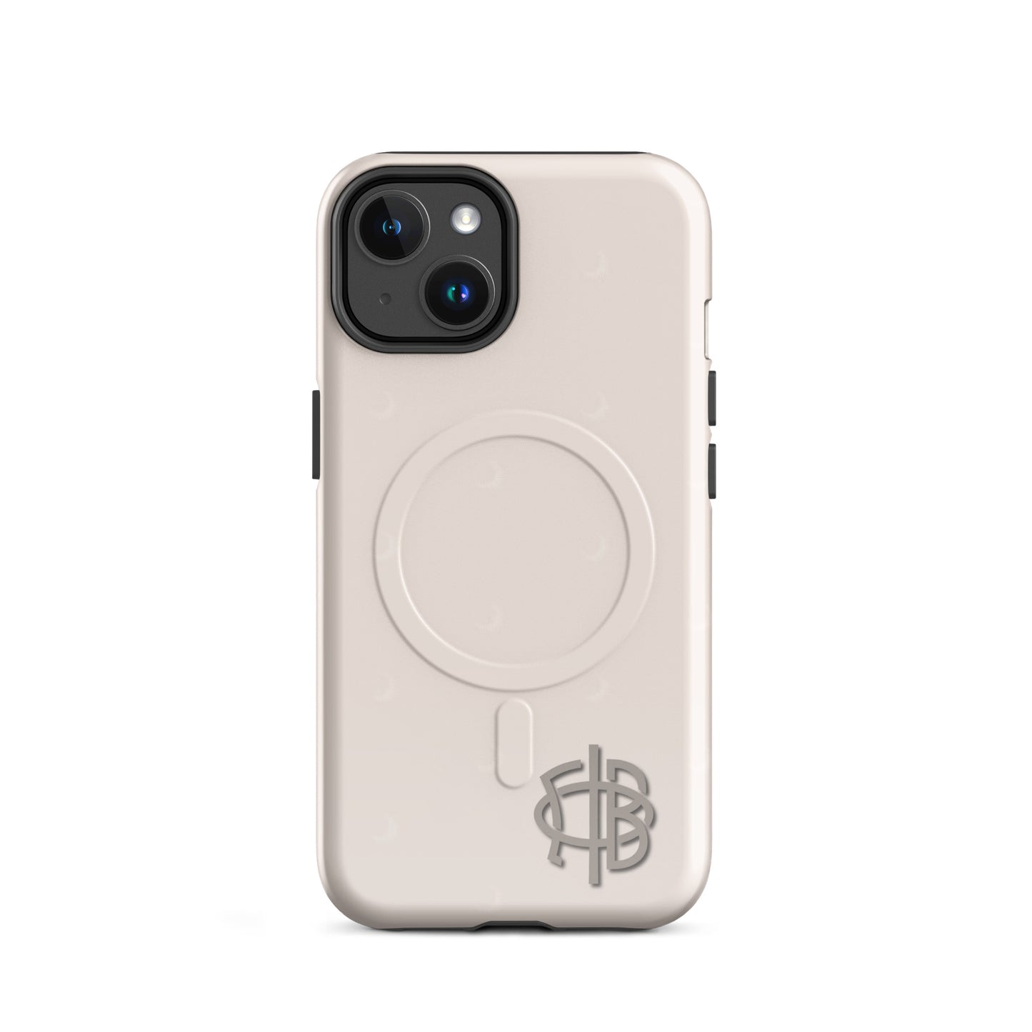 Gamma Phi Beta iPhone 14 case with official mark and crescent moon pattern, neutral taupe protective phone case with MagSafe ring