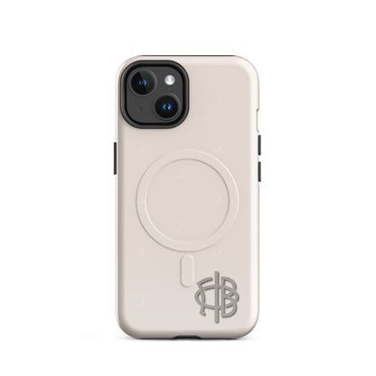 Gamma Phi Beta iPhone 14 case with official mark and crescent moon pattern, neutral taupe protective phone case with MagSafe ring