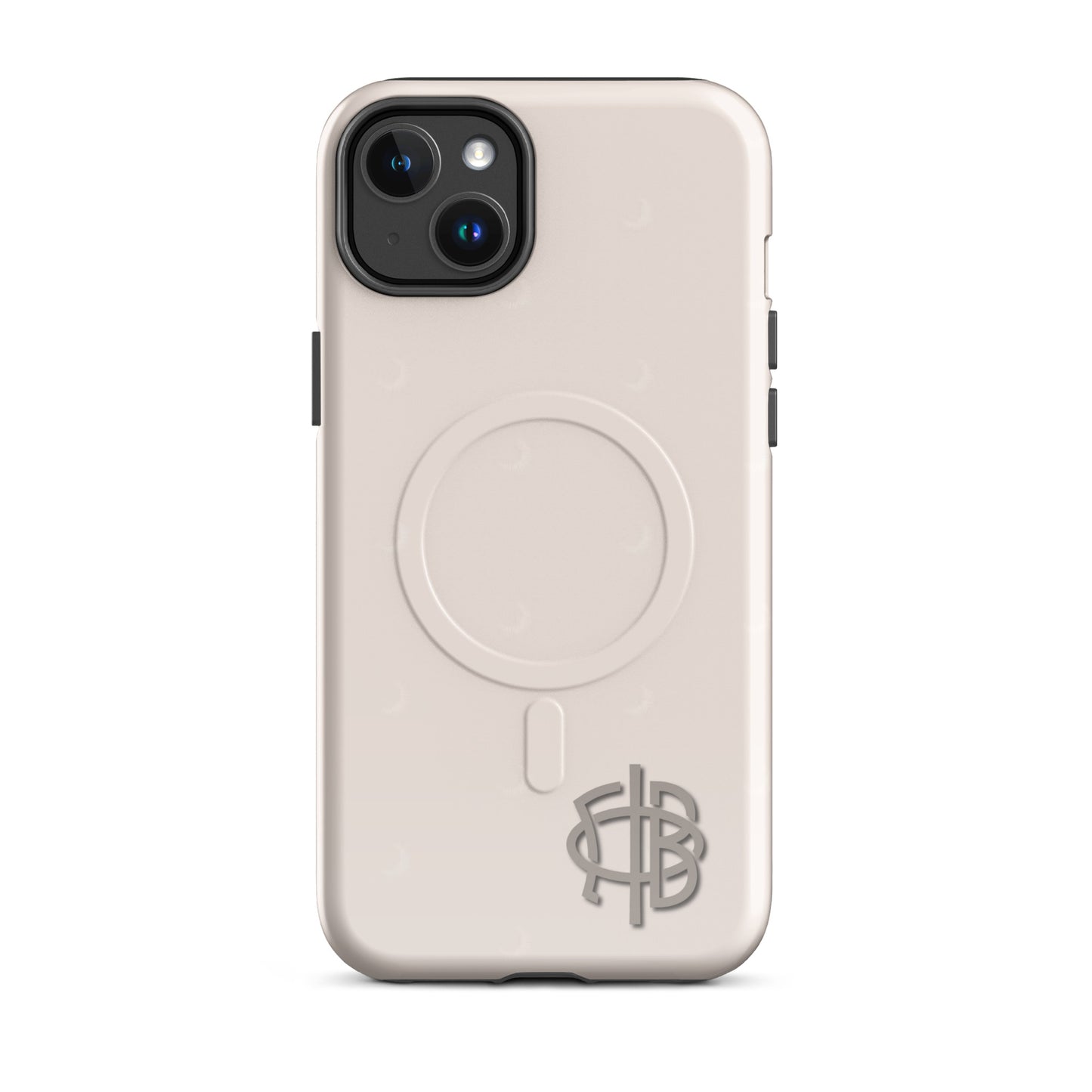 Gamma Phi Beta iPhone 14 Plus case featuring official symbol and crescent moons, slim durable cover with MagSafe compatibility and minimalist design