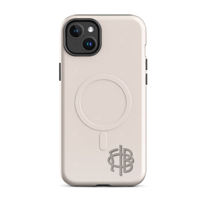 Gamma Phi Beta iPhone 14 Plus case featuring official symbol and crescent moons, slim durable cover with MagSafe compatibility and minimalist design