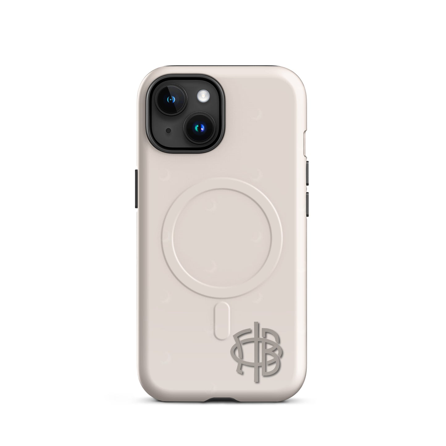 Gamma Phi Beta iPhone 15 case featuring official symbol and crescent moons, slim durable cover with MagSafe compatibility and minimalist design
