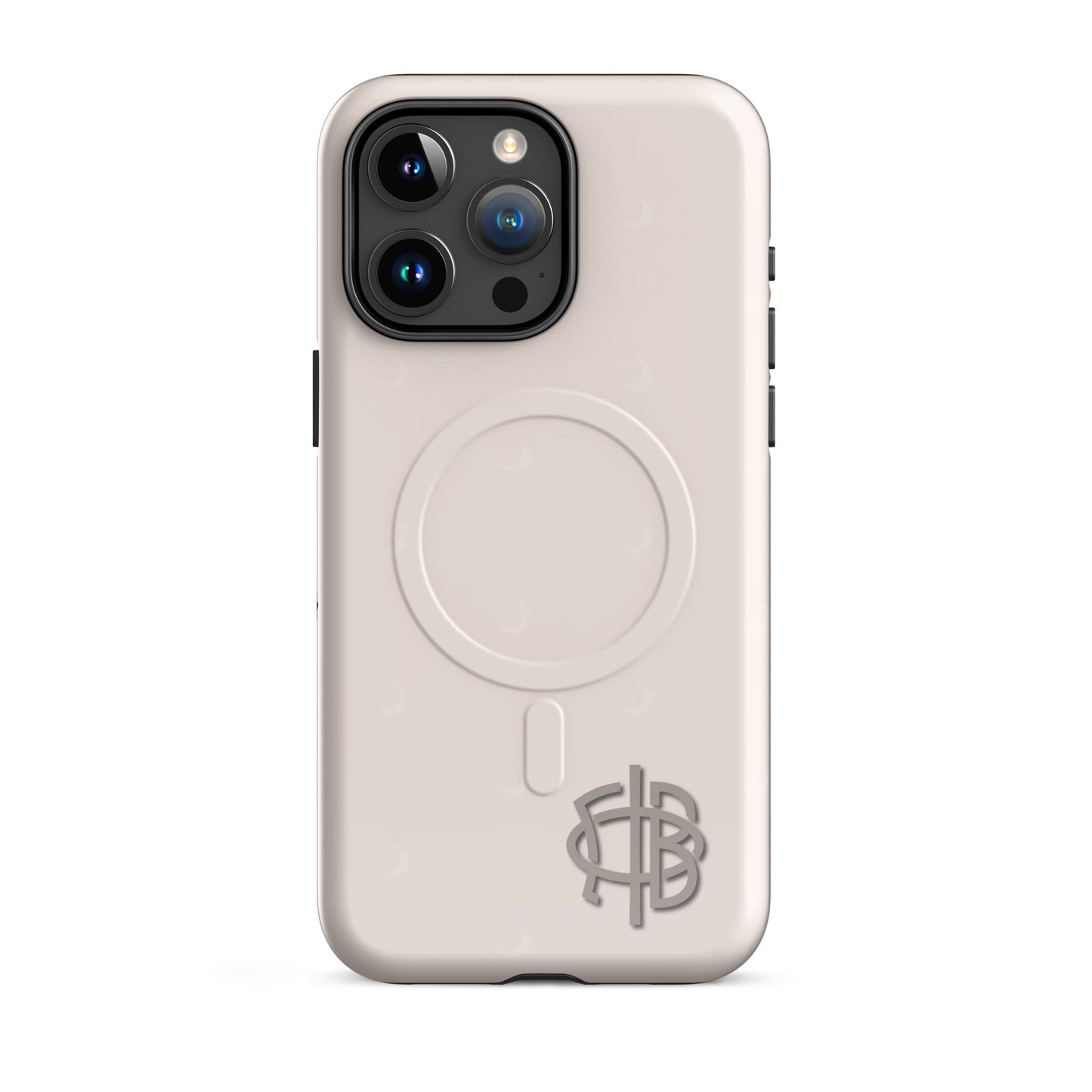 Gamma Phi Beta iPhone 15 Pro Max case with official mark and crescent moon pattern, neutral taupe protective phone case with MagSafe ring