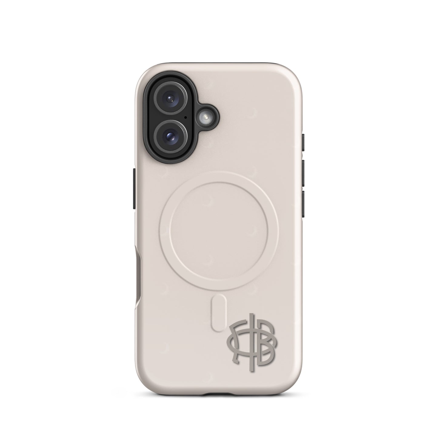 Gamma Phi Beta iPhone 16 case with official mark and crescent moon pattern, neutral taupe protective phone case with MagSafe ring