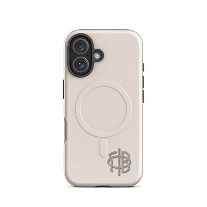 Gamma Phi Beta iPhone 16 case with official mark and crescent moon pattern, neutral taupe protective phone case with MagSafe ring